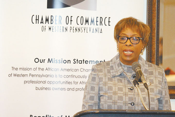 WELCOMING INCLUSION—African American Chamber of Commerce President and CEO Doris Carson Williams welcomes PowerBreakfast speaker developer Keith B. Key. (Phots by J.L. Martello.)