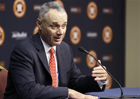 Major League Baseball Commissioner Rob Manfred speaks at a press conference before a baseball game between the Houston Astros and the Texas Rangers Wednesday, May 6, 2015, in Houston. (AP Photo/Pat Sullivan)
