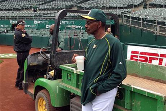 New Oakland Athletics coach Ron Washington is shown before a baseball game between the Athletics and Detroit Tigers in Oakland, Calif., Monday, May 25, 2015. (AP Photo/Janie McCauley)