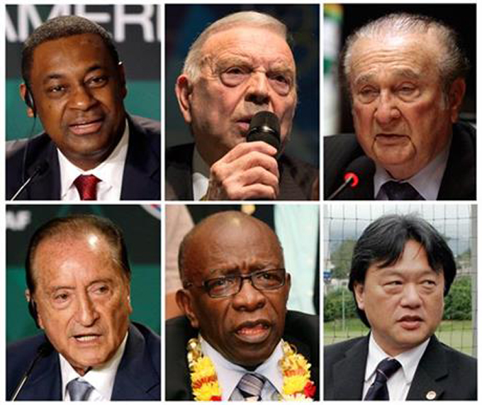 This is a combo of six file photos of the soccer officials involved in the US Justice Department of investigation into corruption at FIFA. From top left clockwise a Jeffrey Webb: Current FIFA vice-president and executive committee member, Concacaf president, Jose Maria Marin Current member of the FIFA organising committee for the Olympic football tournaments, Nicolas Leoz former FIFA executive committee member and Conmebol president, Eugenio Figueredo current FIFA vice-president and executive committee member, Jack Warner, former FIFA vice-president and executive committee member, Concacaf president, and Eduardo Li, current FIFA executive committee member-elect, Concacaf executive committee member . (AP Photo/File)
