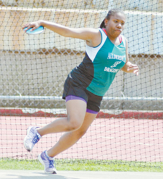 DOUBLE CHAMP—Allderdice’s Angel Williamson-Wheat won the discus and shot put events to help lead “The Dice Girls” to the City League Championship