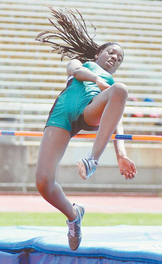 FLYING HIGH—Melissa Sene of Allderdice won the High Jump event for the second year in a row