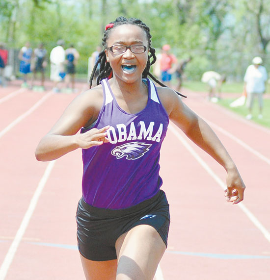 GIRLS SPRINT QUEEN—Kashaya Jones, a freshman from Obama Academy won the 100 meter dash and ran the anchor leg on the winning 400 relay team 