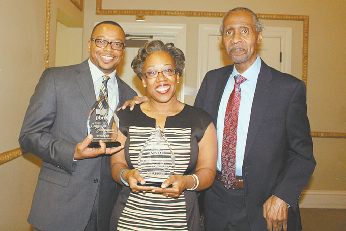 LEGACY—The Pittsburgh Black Media Federation hosted the 27th Annual Robert L. Vann Awards at the University of Pittsburgh’s O’Hara Student Center Ballroom in Oakland. The Awards recognize the best journalism coverage of the African American and African Diaspora communities of Western Pennsylvania. Sonya Toler, Ty Miller and Eddie Jeffries were recognized for their works. From left: Legacy Award honoree Ty Miller, Communicator of the Year Award honoree Sonya Toler and Trailblazer Award honoree Eddie Jefferies. (Photos by J.L. Martello)