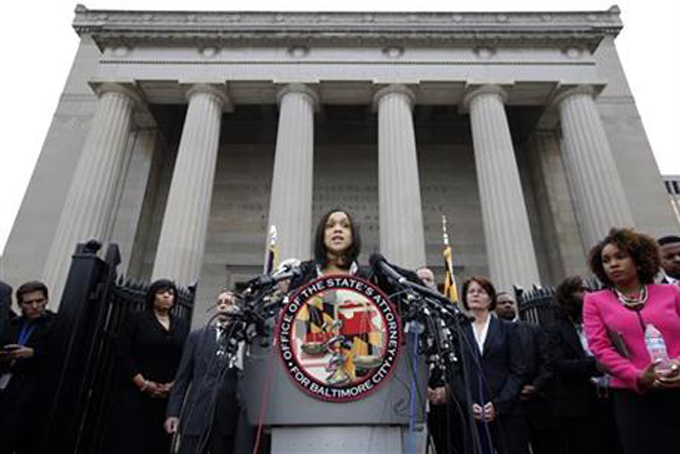 In this Friday, May 1, 2015 file photo, Marilyn Mosby, Baltimore's top prosecutor, speaks during a news conference in Baltimore. (AP Photo/Alex Brandon)