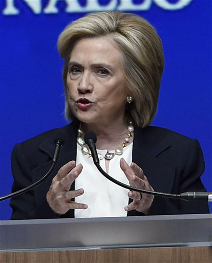 Democratic presidential candidate Hillary Rodham Clinton speaks at the National Association of Latino Elected and Appointed Officials, Thursday, June 18, 2015, in Las Vegas. (AP Photo/David Becker)