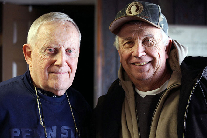 Ken Dufalla (right) and Chuck Hunnel, members of The Izaak Walton League of America, prompted the DEP to investigate Ten Mile Creek after their water tests of coal mine discharges in Washington and Greene counties showed bromide - a salt associated with Marcellus Shale drilling. (Photo by Natasha Khan)