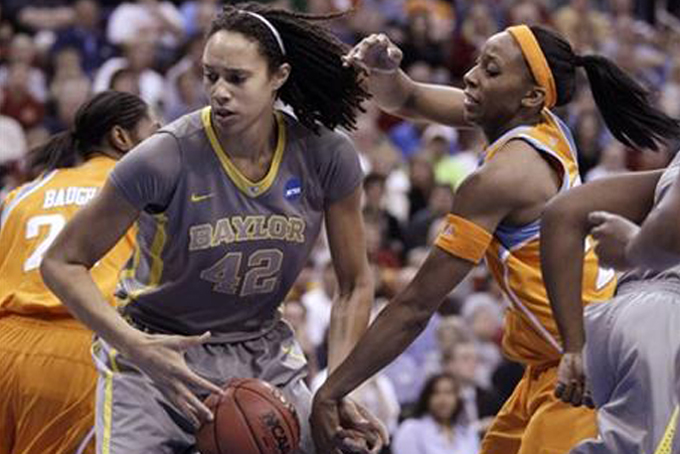 In this March, 2012, file photo, Baylor's Brittney Griner grabs a rebound in front of Tennessee's Glory Johnson during an NCAA college basketball tournament regional final in Des Moines, Iowa. Griner has filed to annul her marriage to fellow WNBA player Johnson-Griner. Griner, the 6-foot-8 Phoenix Mercury star, and Johnson-Griner, who plays for the Tulsa Shock, were married May 9. (AP Photo/Charlie Neibergall, File)