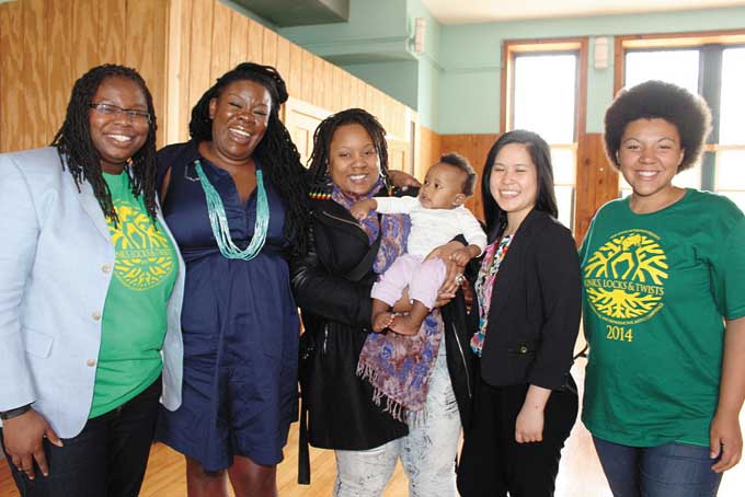 ORGANIZERS—Organizers with guest speaker Tanya Fields, second from the left. From left: La’Tasha Mayes, Fields, Bekezela Mguni holding baby Hunter Fields-Green, Ashley Chan and Julia Johnson. 