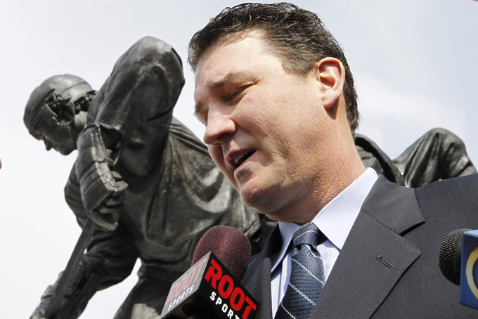 Mario Lemieux attends the dedication of a statue depicting him outside the Penguins’ arena in 2012. (AP Photo/Keith Srakocic)