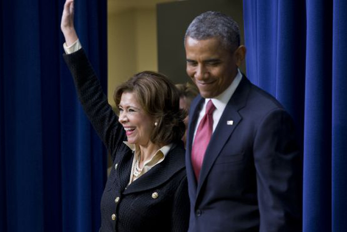 New Small Business Administration Secretary Maria Contreras-Sweet on the White House complex in Washington, Wednesday, Jan. 15, 2014 after being apponted by President Barack Obama.  (AP Photo/File)