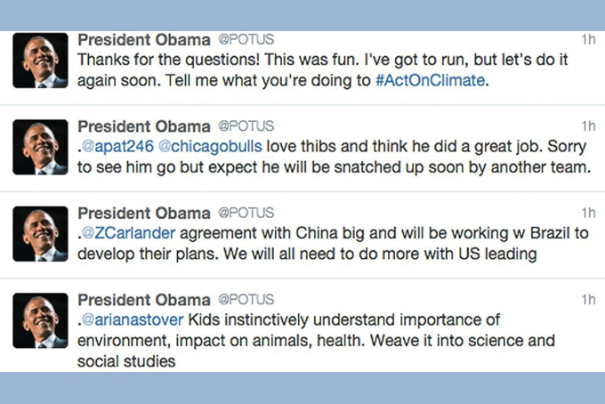  This screen capture shows President Barack Obama's answers to questions posted to his twitter feed during a question and answer session hosted by the President in Miami, Thursday, May 28, 2015. Give people a chance to pop a question to POTUS, and they'll take the invitation and run with it. President Barack Obama took to Twitter on Thursday for his first Q-and-A since setting up his (at)POTUS handle last week. (AP Photo)