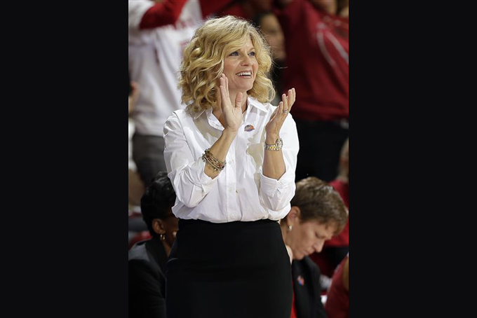 In this March 23, 2015, file photo, Oklahoma head coach Sherri Coale claps as her team plays Stanford during the first half of a women's college basketball game in the second round of the NCAA tournament in Stanford, Calif. Sherri Coale will headline the 2016 women's basketball Hall of Fame induction class, a person familiar with the situation said Thursday, July 23, 2015. (AP Photo/Marcio Jose Sanchez, File)