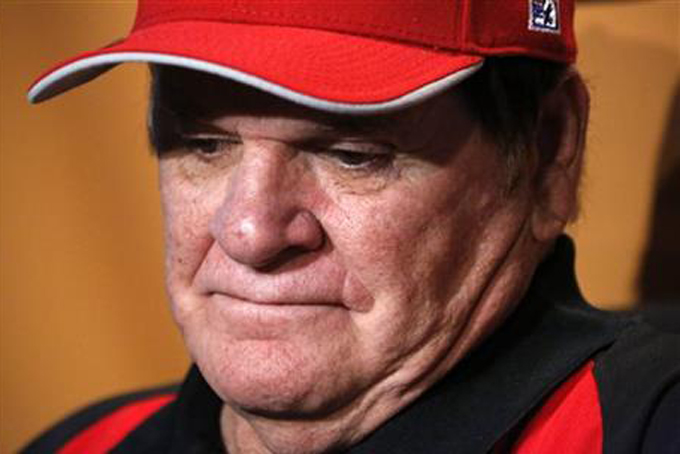 Pete Rose pauses as he talks with the media before a Frontier League baseball game between the Washington Wild Things and the Lake Erie Crushers in Washington, Pa., Tuesday, June 30, 2015. (AP Photo/Gene J. Puskar)