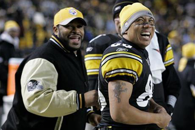 - In this Jan. 11, 2009, file photo, Pittsburgh Steelers receiver Hines Ward, right, and retired Steelers running back Jerome Bettis smiles during an NFL divisional playoff football game against the San Diego Chargers in Pittsburgh. Bettis served as a mentor to Ward, showing Ward the ropes when he entered the NFL. He'll do the same on the links almost 20 years later. Before Bettis is enshrined in the Pro Football Hall of Fame, he'll compete in the 26th annual celebrity golf tournament in Lake Tahoe for the ninth time, joining Ward, a rookie in the field, and more than 80 of the biggest sports and entertainment stars for the nationally-televised event. (AP Photo/Gene J. Puskar, File)