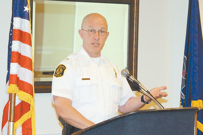 COMMUNITY OUTREACH—Pittsburgh police Chief Cameron McLay addresses members of the African American Chamber of Commerce at their July 17 PowerBreakfast meeting. (Photo by J.L. Martello) 