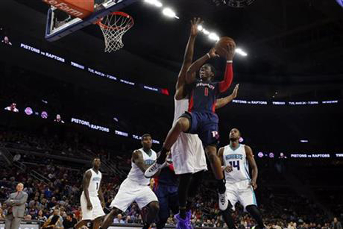 In this March 8, 2015, file photo, Detroit Pistons guard Reggie Jackson (1) drives to the basket against the Charlotte Hornets in the second half of an NBA basketball game in Auburn Hills, Mich. Thanks to a $24 billion television deal that kicks in before the 2016-17 season, already skyrocketing salaries will soon reach a new stratosphere. (AP Photo/Paul Sancya, File)