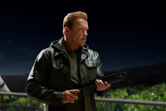 This photo provided by Paramount Pictures shows, Arnold Schwarzenegger as the Terminator in "Terminator Genisys," from Paramount Pictures and Skydance Productions. (Melinda Sue Gordon/Paramount Pictures via AP)