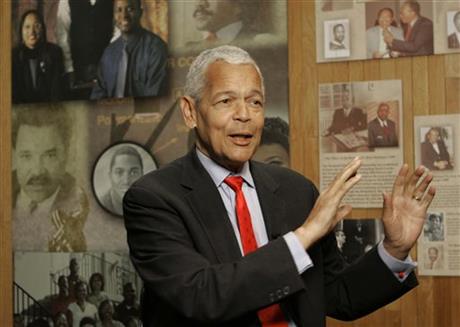 FILE- In this Oct. 13, 2006, file photo, Julian Bond, chairman of the Board for The National Association for the Advancement of Colored People, gestures as he talk to the media about the organization at The University of South Carolina in Columbia, S.C. Bond, a civil rights activist and longtime board chairman of the NAACP, died Saturday, Aug. 15, 2015, according to the Southern Poverty Law Center. He was 75. (AP Photo/Mary Ann Chastain, File)