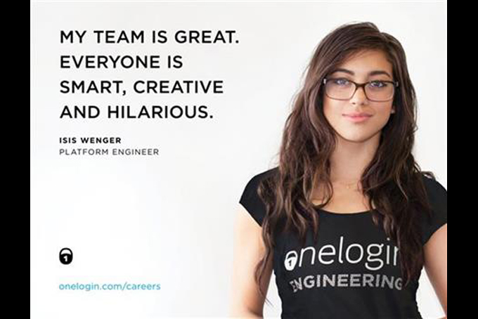 This image provided by onelogin.com shows a recruitment ad for the tech startup company featuring engineer Isis Anchalee. (onelogin.com via AP)
