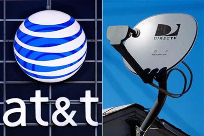 This file combo made from file photos shows the AT&T logo on the side of a corporate office in Springfield, Ill., left, and a DirecTV satellite dish atop a home in Los Angeles. AT&T on Monday, Aug. 3, 2015 is unveiling a new package that combines traditional TV and wireless services as it seeks to broaden its offerings following its $48.5 billion purchase of satellite TV company DirecTV about a week ago. (AP Photo/File)