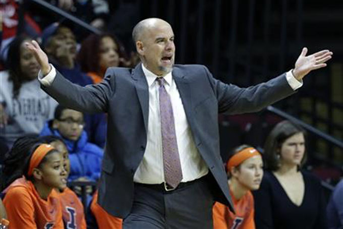 In this Feb. 17, 2015, file photo, Illinois head woman's basketball coach Matt Bollant reacts to a call during an NCAA college basketball game in Piscataway, N.J. (AP Photo/Mel Evans, File)