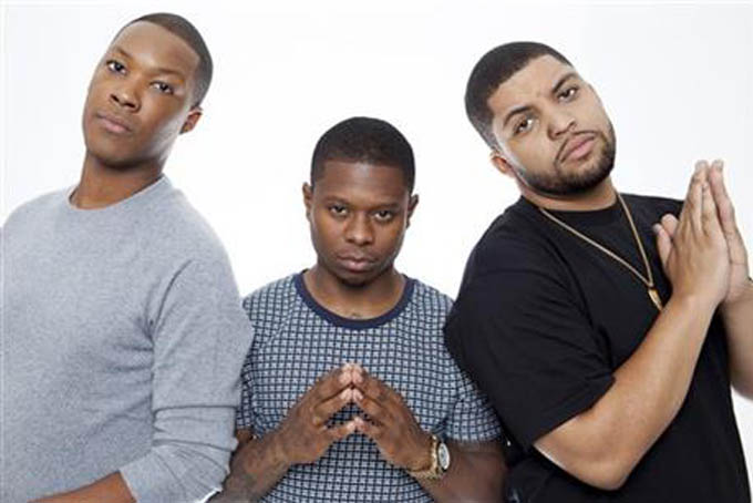 In this Sunday, August 2, 2015 photo, actor Corey Hawkins, from left, Jason Mitchell, and O'Shea Jackson Jr. pose for a portrait in promotion of the new film "Straight Outta Compton," at the Four Seasons Hotel in Los Angeles. The movie releases in U.S. theaters on Aug. 14, 2015. (Photo by Rebecca Cabage/Invision/AP)