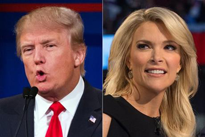 FILE - This file photo combination made from Aug. 6, 2015, photos shows Republican presidential candidate Donald Trump, left, and Fox News Channel host and moderator Megyn Kelly during the first Republican presidential debate at the Quicken Loans Arena, in Cleveland. Trump is welcoming Kelly back from a vacation with a broadside of criticism, tweeting that he liked her show better when she was away. Trump has been attacking Kelly ever since her tough questioning of him during the debate. (AP Photo/John Minchillo, File)