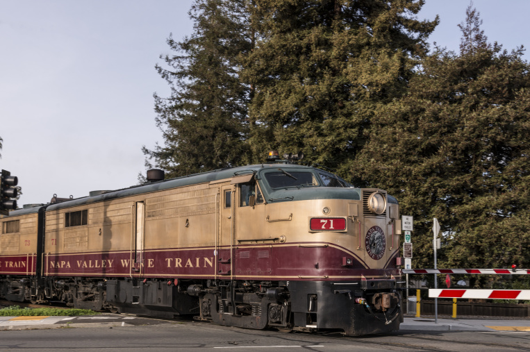 The Napa County wine train offers lunch and wine tasting aboard vintage coaches, and stops for one or two winery tours, during a three-hour ride between its base in Napa and the town of St. Helena, up the Napa Valley (Photo by Carol M. Highsmith/Buyenlarge/Getty Images)