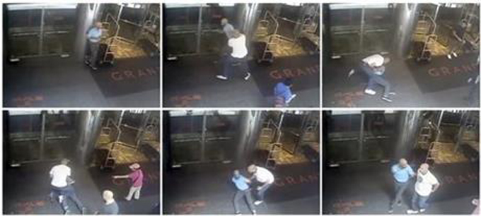 This combo of images taken from a surveillance camera and released by the New York Police Department shows former tennis star James Blake being arrested by plainclothes officer James Frascatore outside of the Grand Hyatt New York hotel on Wednesday, Sept. 9, 2015, in New York. Blake was mistaken for an identity-theft suspect that Police Commissioner William Bratton said looked like Blake's "twin." Bratton apologized to Blake. (NYPD via AP) 