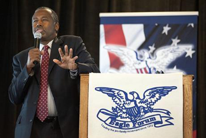 Republican presidential candidate Ben Carson speak ar the Eagle Council XLIV, sponsored by the Eagle Forum, at the Marriott St. Louis Airport in St. Louis, Friday, Sept. 11, 2015. (AP Photo/Sid Hastings)