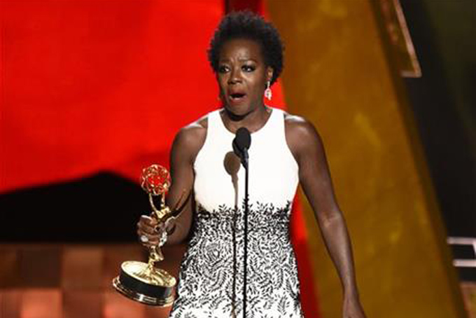 Viola Davis accepts the award for outstanding lead actress in a drama series for “How to Get Away With Murder”at the 67th Primetime Emmy Awards on Sunday, Sept. 20, 2015, at the Microsoft Theater in Los Angeles. (Photo by Chris Pizzello/Invision/AP)