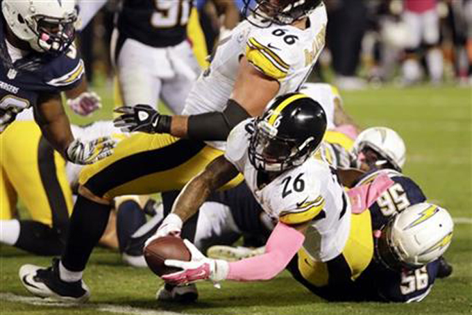 Pittsburgh Steelers running back Le'Veon Bell scores a touchdown against the San Diego Chargers during the second half of an NFL football game Monday, Oct. 12, 2015, in San Diego. (AP Photo/Lenny Ignelzi)