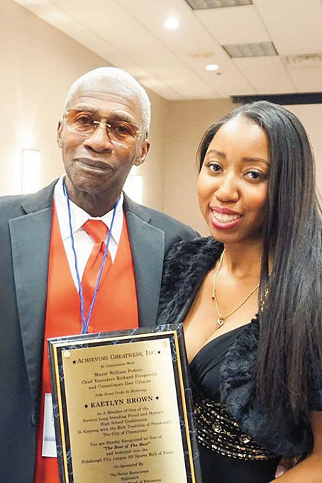 HALL OF FAMERS—Legendary track and field coach and Slippery Rock University Cross Country Hall of Famer Fred Lucas with new City League Hall of Fame inductee Kaetlyn Brown. 