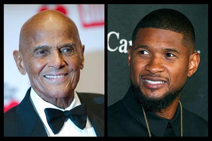 This photo combo of file photos shows Harry Belafonte, left, and Usher. During an hour-long conversation moderated by Soledad O’Brien, on Friday, Oct. 23, 2015, in New York, the 37-year-old Usher and 88-year-old Belafonte related with obvious warmth to each other as fellow artists, as activists and celebrities and as elder statesman and protege. (AP Photo)