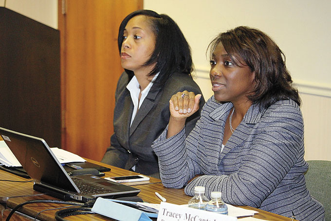 PROGRAM LEADERS—Shanicka Kennedy, Allegheny County Public Defender’s Office, left, and Tracey McCants Lewis, Duquesne University School of Law. (Photo by J.L. Martello)
