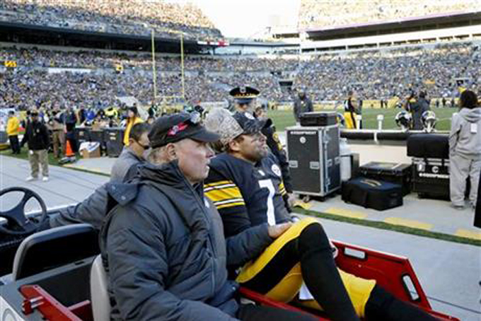 Pittsburgh Steelers quarterback Ben Roethlisberger (7) is taken away in a cart after he was injured in the fourth quarter of an NFL football game against the Oakland Raiders, Sunday, Nov. 8, 2015, in Pittsburgh. The Steelers won 38-35. (AP Photo/Gene Puskar)