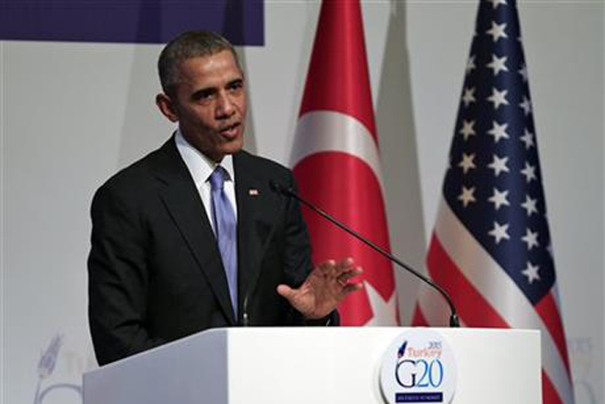 President Barack Obama talks during a news conference at the end of the G-20 summit in Antalya, Turkey, Monday, Nov. 16, 2015. . (AP Photo/Mehmet Guzel)