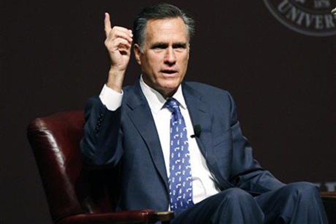 In this Jan.28, 2015 file photo former Republican presidential candidate Mitt Romney speaks in Starkville, Miss. (AP Photo/Rogelio V. Solis, File)