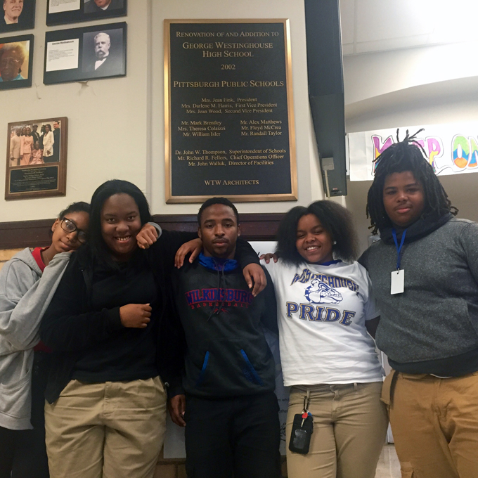Pittsburgh Westinghouse and Wilkinsburg students meet at Pittsburgh Westinghouse on Friday, November 6, 2015. From right to left: Annette Payne, Sehshay Turner, Shawn Stubbs, Mya Alford, and Robert Montgomery (Photo by Alexis Tippett)