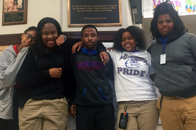 Pittsburgh Westinghouse and Wilkinsburg students meet at Pittsburgh Westinghouse on Friday, November 6, 2015.  From right to left: Annette Payne, Sehshay Turner, Shawn Stubbs, Mya Alford, and Robert Montgomery (Photo by Alexis Tippett)