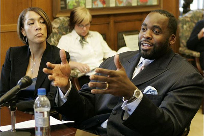 Christine Beatty and Kwame Kilpatrick testified they were not in a romantic relationship. Two ex-police officers sued, saying they were fired because they looked into a related cover-up. (RICARDO THOMAS /AP/FILE)