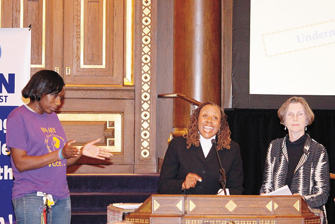 CARMELLA JONES, REV. BUENA DUDLEY AND SANDY WOOLLEY speak on education.