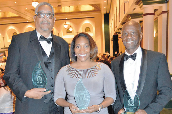 AWARDEES—Leo Wood Jr. accepting for his late father, Leo Wood Sr., with Tisha Germany, accepting for her boss Keith B. Key, and Charles Buddy Allie.