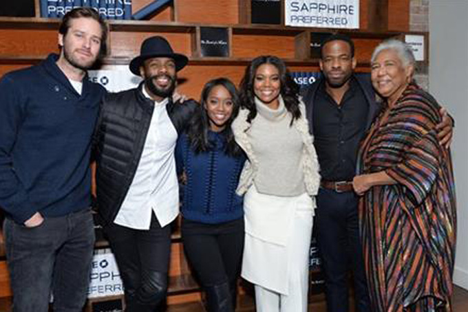 Cast members, from left, Armie Hammer, Colman Domingo, Aja Naomi King, Gabrielle Union, Chiké Okonkwo and Esther Scott pose together at "The Birth of a Nation" cast party hosted by Chase Sapphire Preferred during the 2016 Sundance Film Festival on Monday, Jan. 25, 2016, in Park City, Utah. (Photo by Evan Agostini/Invision for Chase Sapphire Preferred/AP Images) 