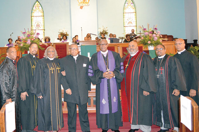 CONFERENCE PASTORS—Rev. Glenn Grayson, Rev. Vincent Martin, Rev. Linda W. Arthur, Rev. Lamar Lee, Bishop Louis Hunter Sr., Rev. Stanley Dennison, Rev. Joseph Lewis and Rev. Gerald Akrie