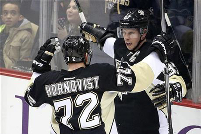 Pittsburgh Penguins' Sidney Crosby (87) celebrates his goal with teammate Patric Hornqvist (72) during the first period of an NHL hockey game against the New Jersey Devils in Pittsburgh, Tuesday, Jan. 26, 2016. (AP Photo/Gene J. Puskar)