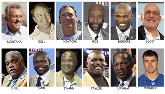 These are file photos showing members of the Super Bowl 50 Golden Team, selected Thursday, Jan. 28, 2016. From top left are Joe Montana, Chuck Noll, Jay Novacek, Jerry Rice, Deion Sanders, Jake Scott, Art Shell, Emmitt Smith, Lynn Swann, Lawrence Taylor, Gene Upshaw and Adam Vinatieri. (AP Photo/File)