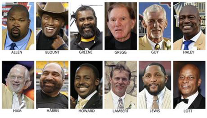 These are file photos showing members of the Super Bowl 50 Golden Team, selected Thursday, Jan. 28, 2016. From top left are Larry Allen, Mel Blount, Joe Greene, Forrest Gregg, Ray Guy, Charles Haley, Jack Ham, Franco Harris, Desmond Howard, Jack Lambert, Ray Lewis and Ronnie Lott. (AP Photo/File)