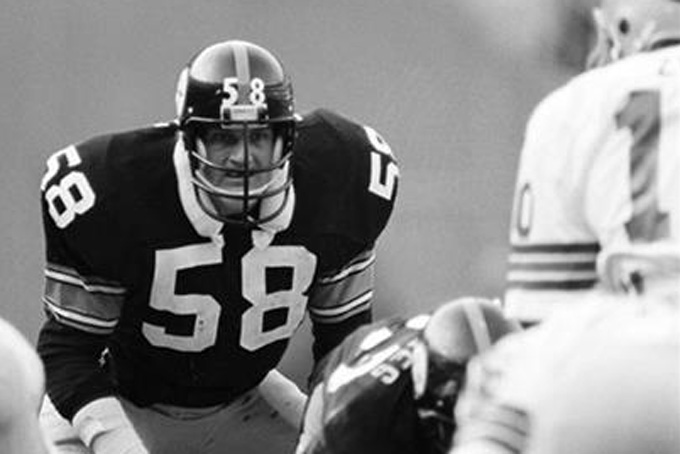 In this Dec. 4, 1977 file photo, Jack Lambert (58) of the Pittsburgh Steelers is shown during game against the Seattle Seahawks, Dec. 4, 1977. Lambert was selected to the Super Bowl 50 Golden Team, Thursday, Jan. 28, 2016. (AP Photo/File)